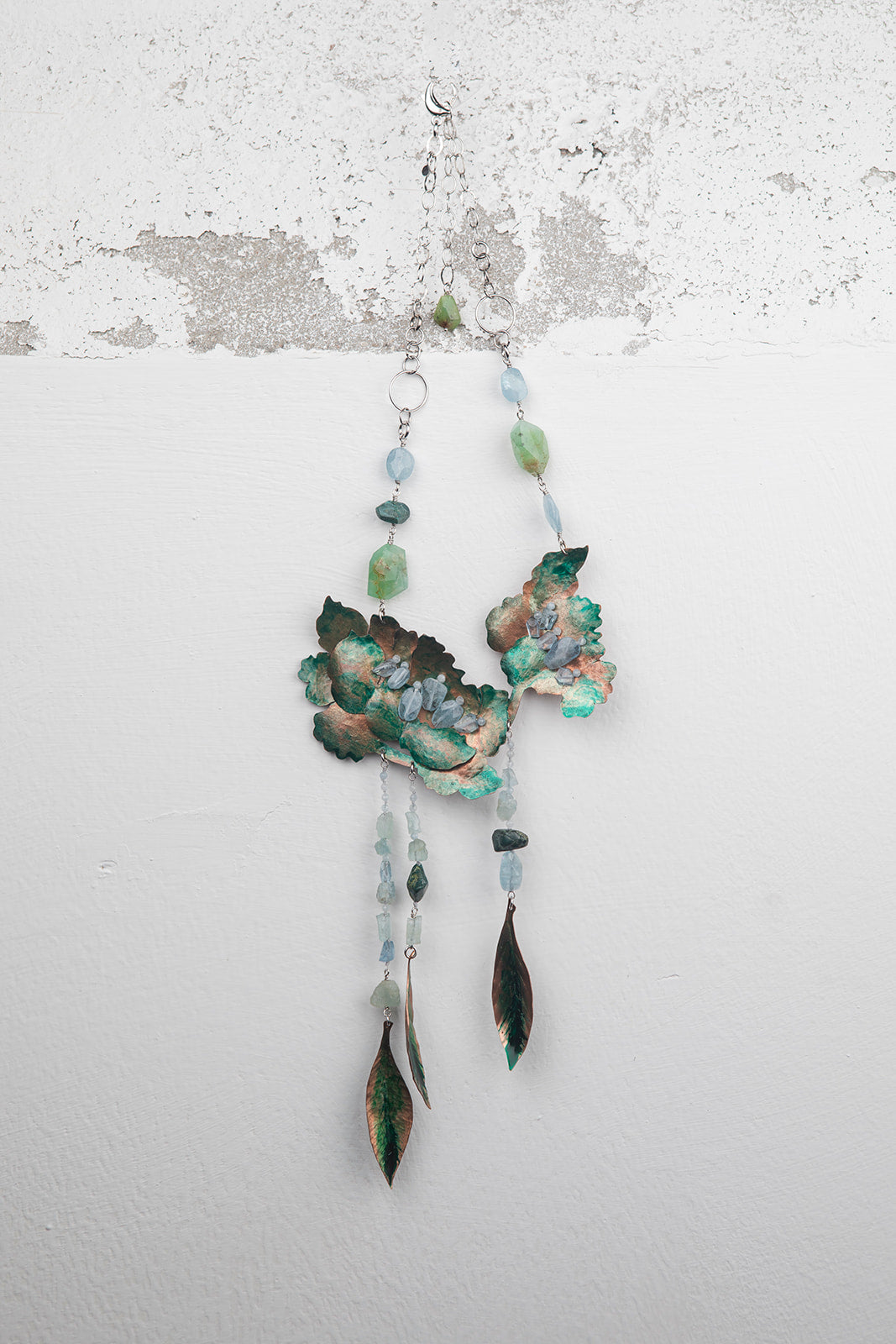 Collana con fiori in rame, Acquamarina, Crisocolla e Crisoprasio